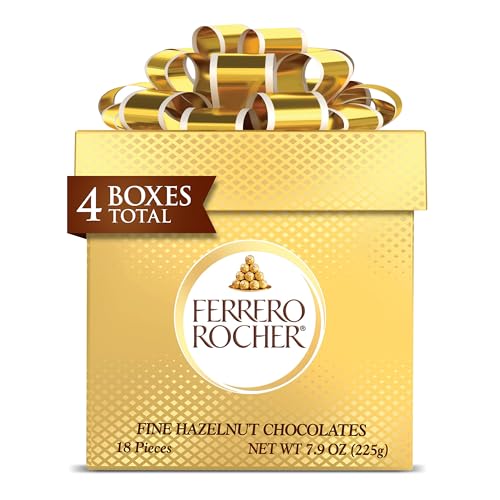 【Flash Sale】Ferrero Rocher, 4 Holiday Gift Boxes, Gourmet Milk Chocolate Hazelnut, Chocolate Gift Box, Individually Wrapped, 7.9 oz Each