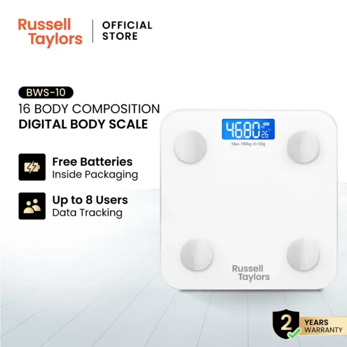 Russell Taylors Bluetooth Body Fat Weighing Scale BWS-10 | 16 Key Body Metrics | Track Progress with OKOK App | Max Weight 180kg | High-Strength Tempered Glass | 2-Year Warranty|Ship from Selangor