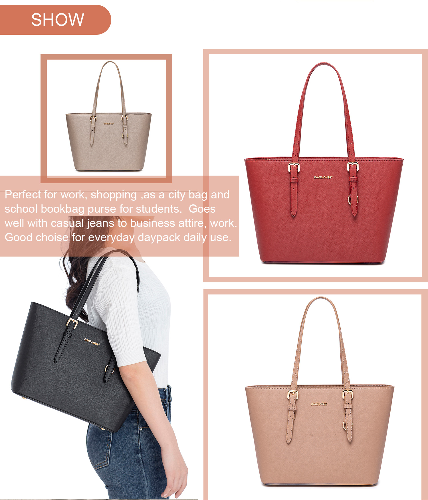 DavidJones Women's Medium PU Leather Tote Bag