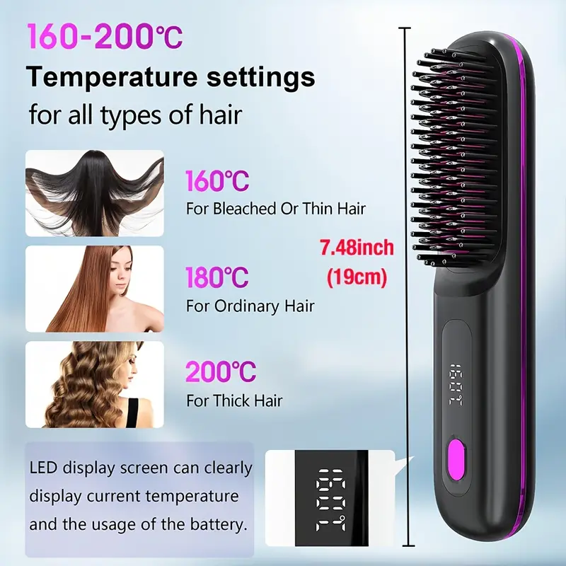 Cordless Hair Straightener Brush, Rapid heating, Hot Comb Hair Straightener for Women, Lightweight, Type-C Charging Port, Anti-Scald, Lightweight, USB Rechargeable