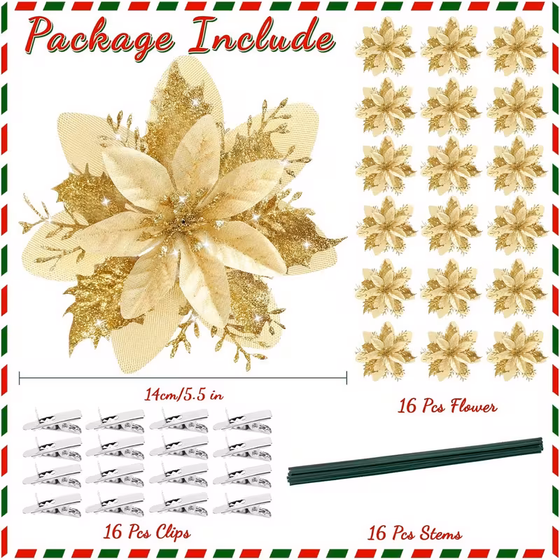 48pcs Golden Glitter Christmas Flowers with Clips - Elegant Golden Floral Decorations, No Assembly Needed, Durable Plastic Artificial Flowers for Christmas Tree, Wreaths, Wedding, Party, Home - Indoor/Outdoor Holiday Decor - Reusable & Easy to Hang, Christmas Flower Decorations, Festive Decorations, Festive Design, Lightweight Decorations, Decorative Blooms, Event Planners, Christmas Decor